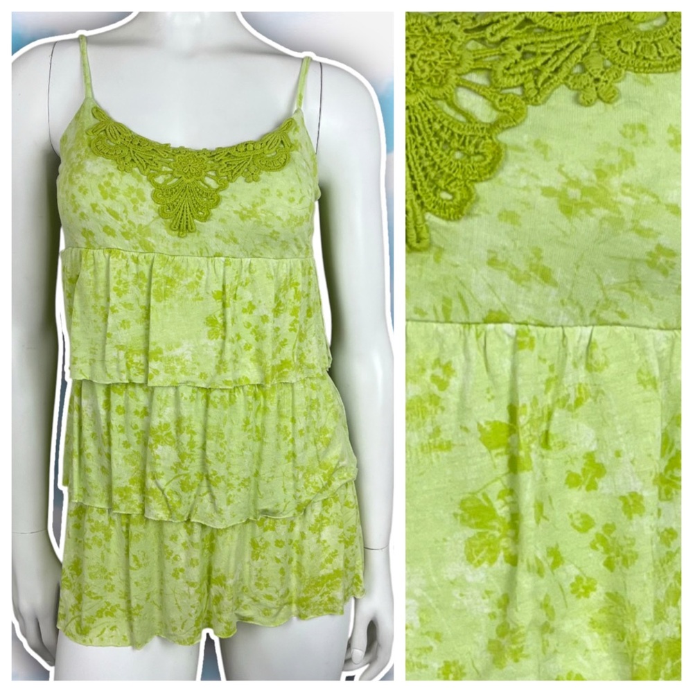 MUDD True Y2k Vintage Lime Green Floral Embroidered Tiered Tank Top Indie Sleaze